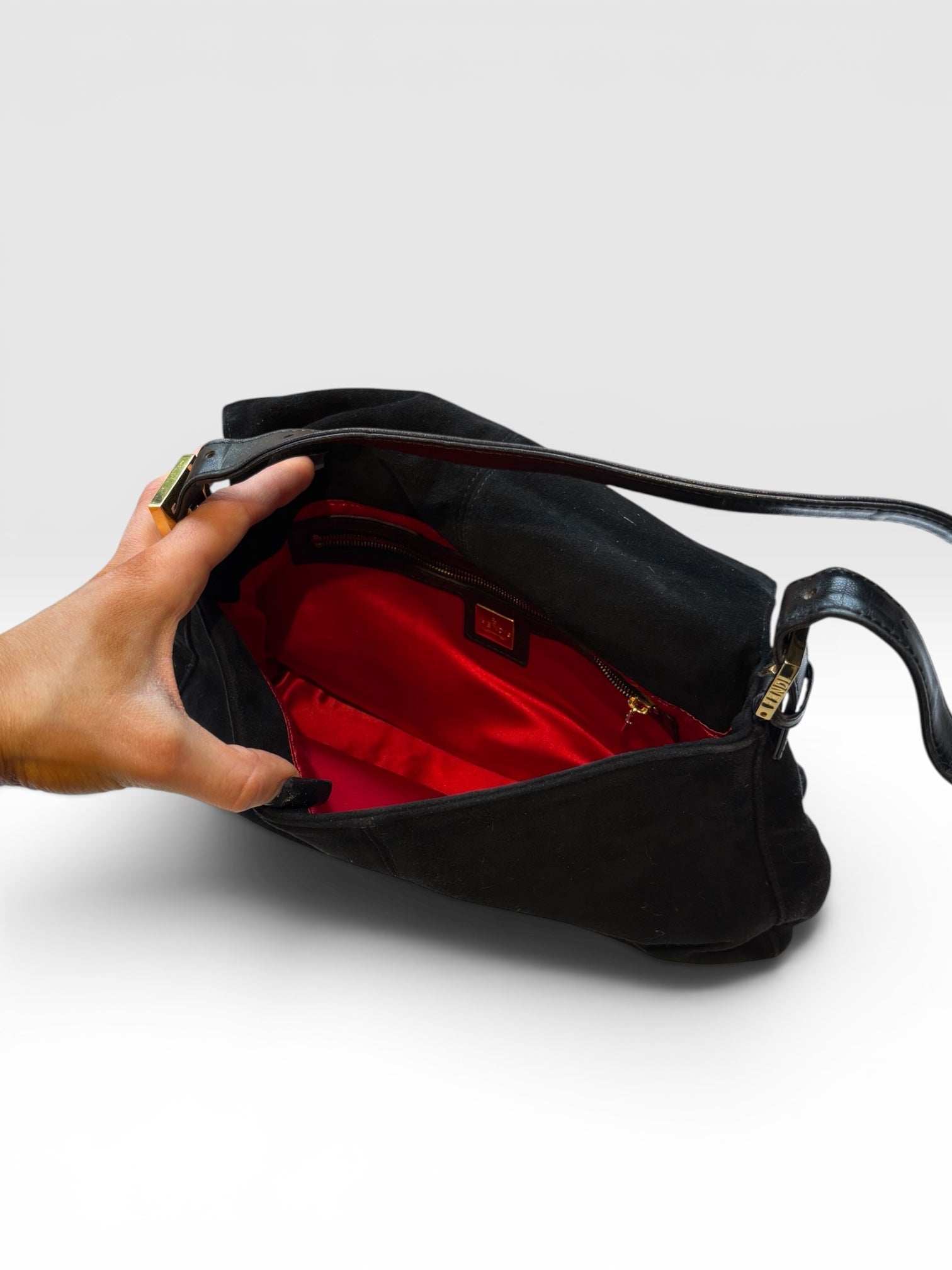 Fendi Mamma Baguette in Black Suede with Red Glitter FF