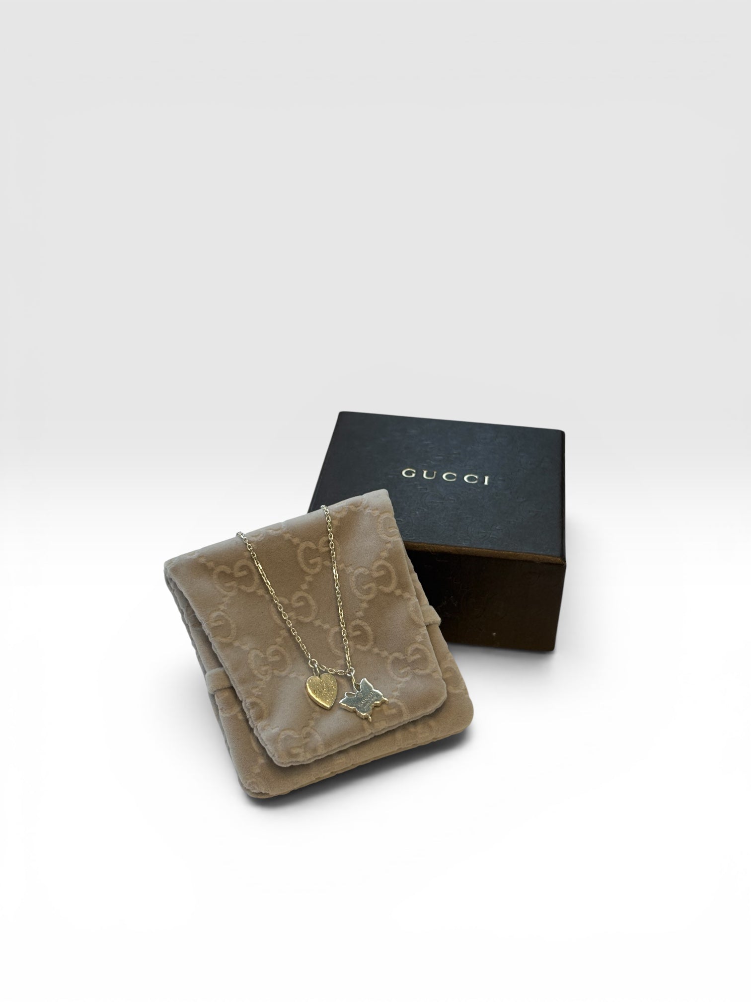 Gucci Silver Trademark Heart and Butterfly Charm Necklace