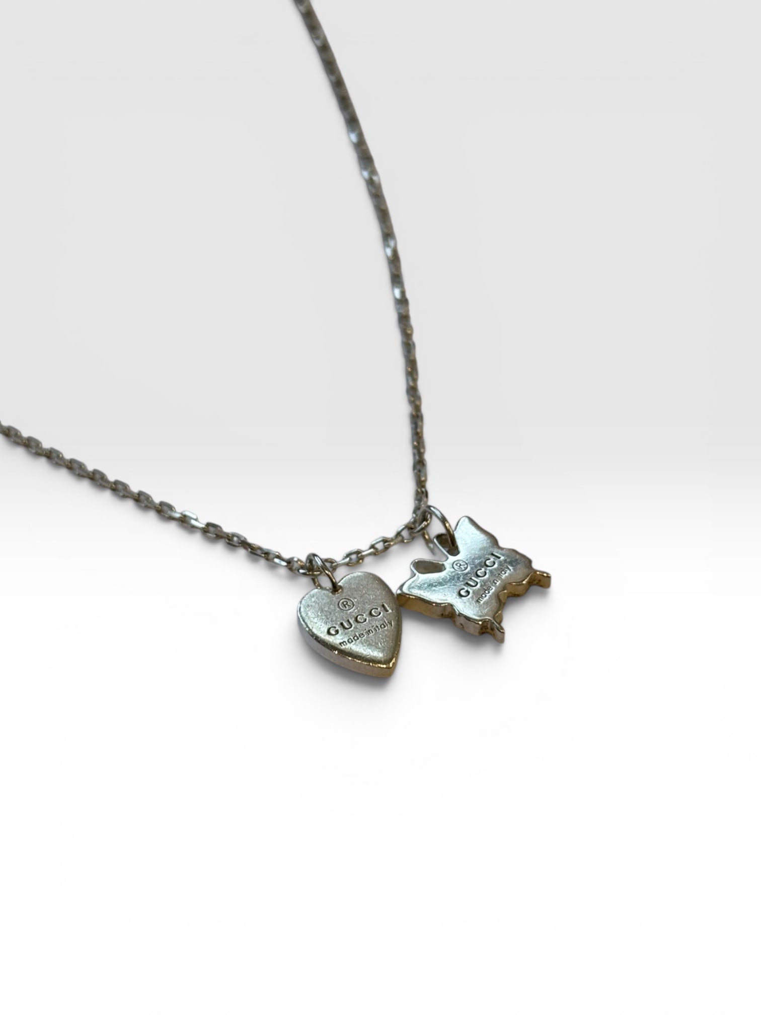 Gucci Silver Trademark Heart and Butterfly Charm Necklace