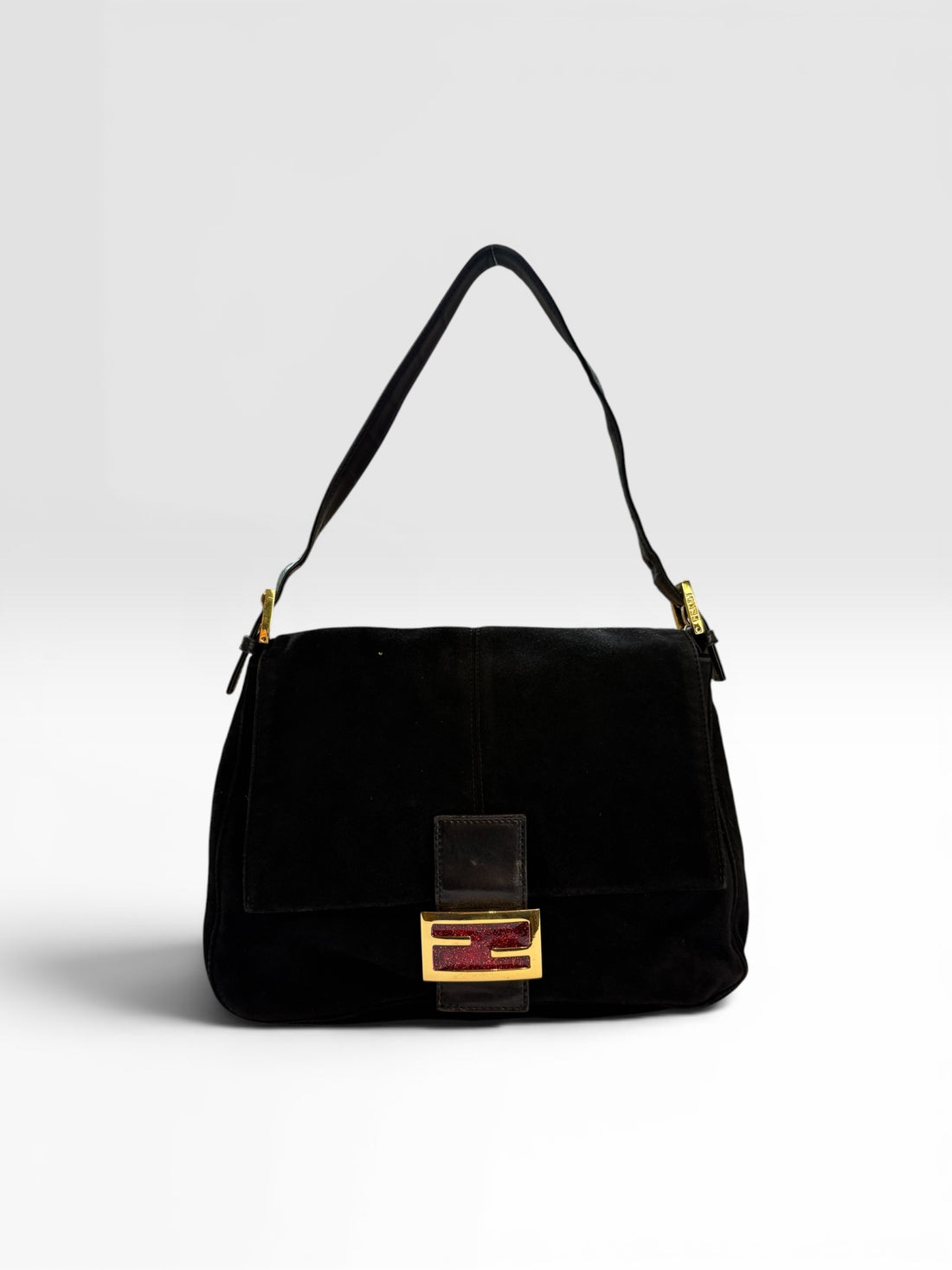 Fendi Mamma Baguette in Black Suede with Red Glitter FF