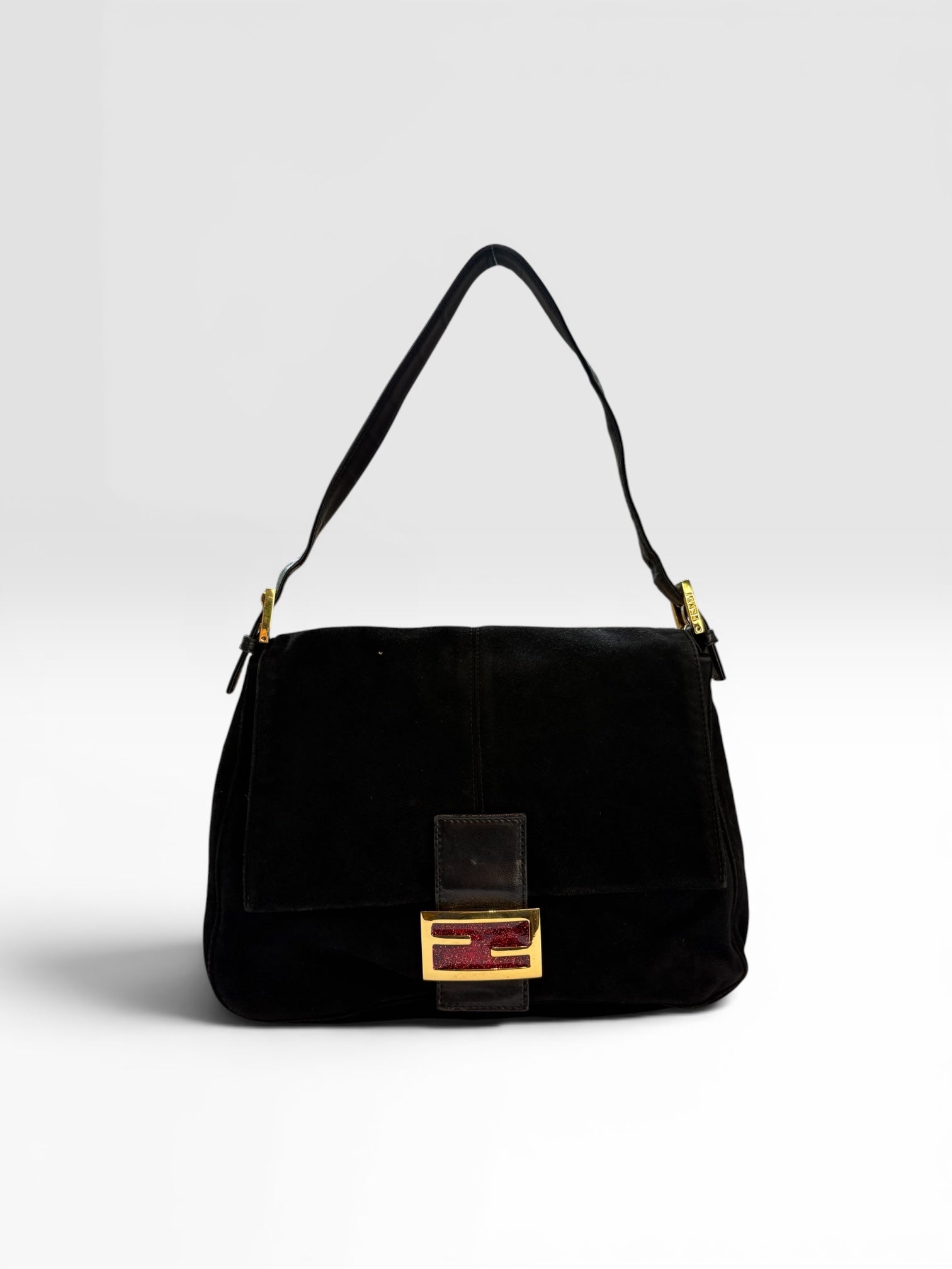 Fendi Mamma Baguette in Black Suede with Red Glitter FF