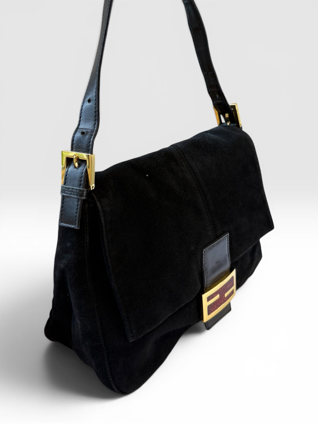 Fendi Mamma Baguette in Black Suede with Red Glitter FF