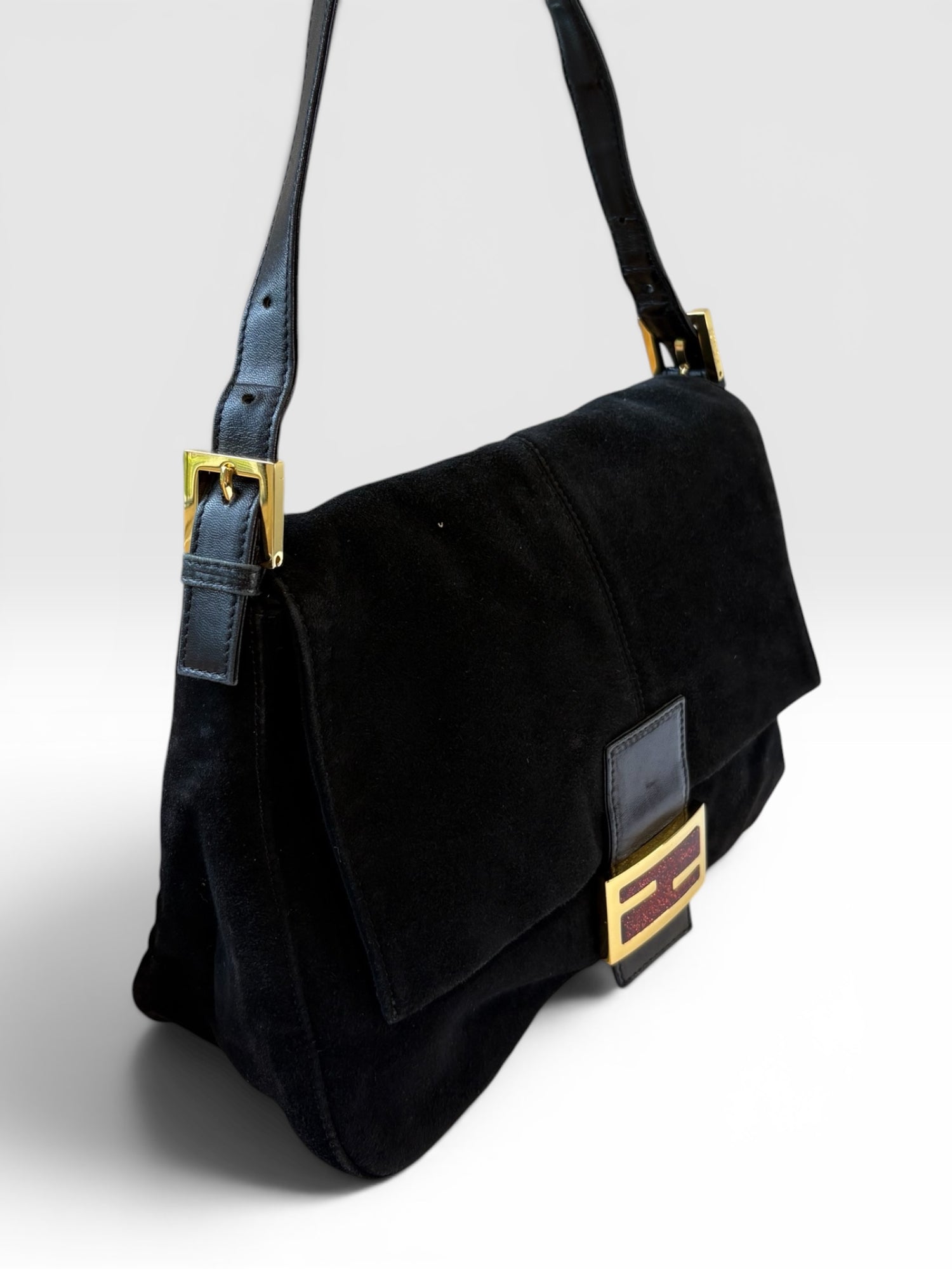 Fendi Mamma Baguette in Black Suede with Red Glitter FF