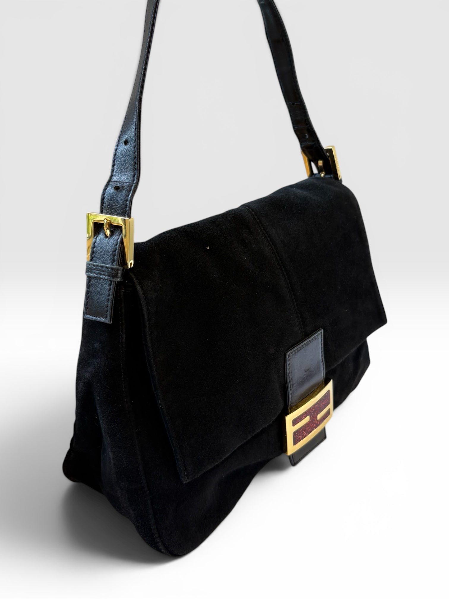 Fendi Mamma Baguette in Black Suede with Red Glitter FF