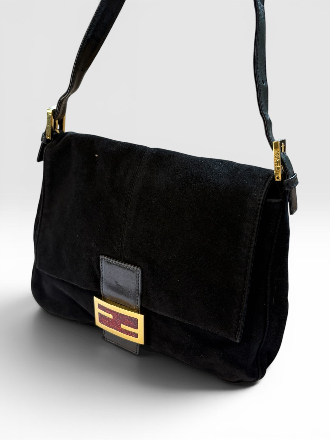 Fendi Mamma Baguette in Black Suede with Red Glitter FF