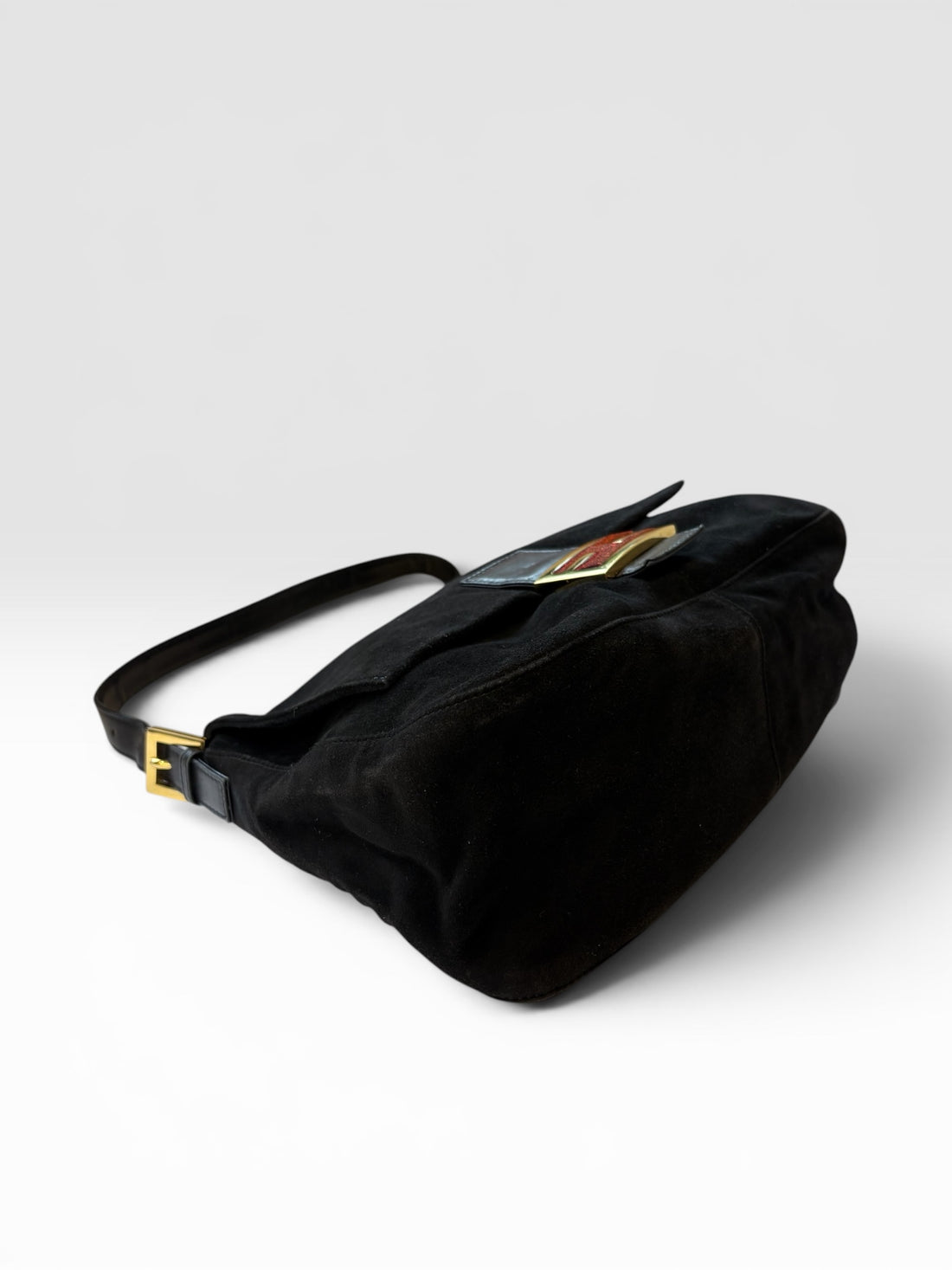 Fendi Mamma Baguette in Black Suede with Red Glitter FF