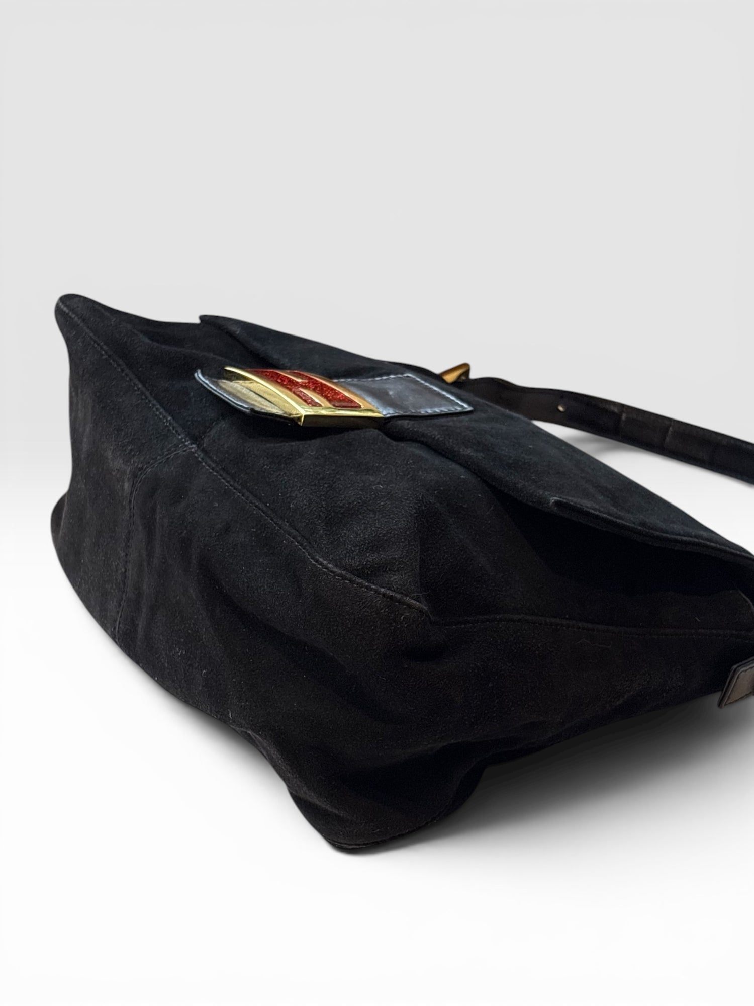 Fendi Mamma Baguette in Black Suede with Red Glitter FF