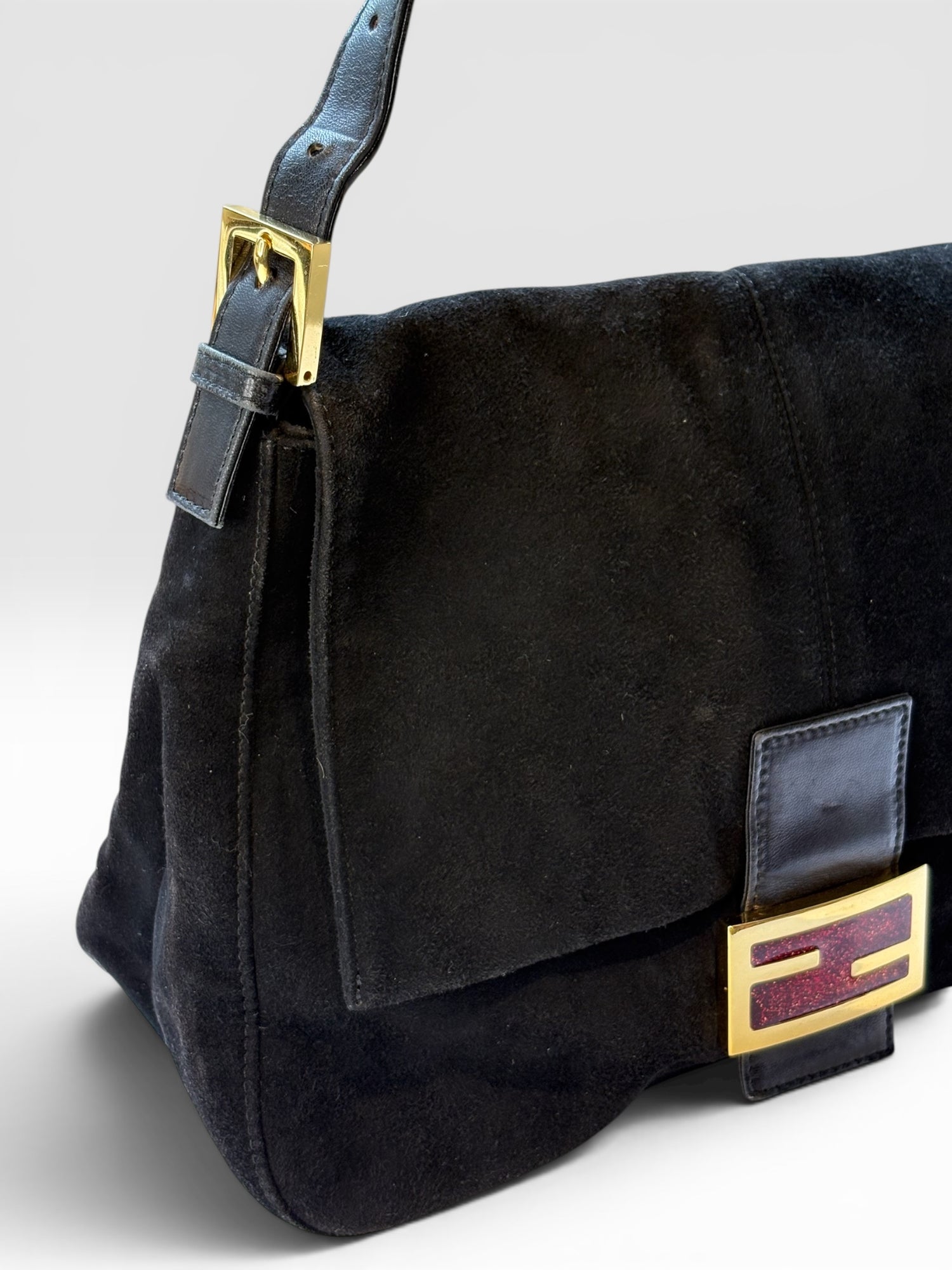 Fendi Mamma Baguette in Black Suede with Red Glitter FF