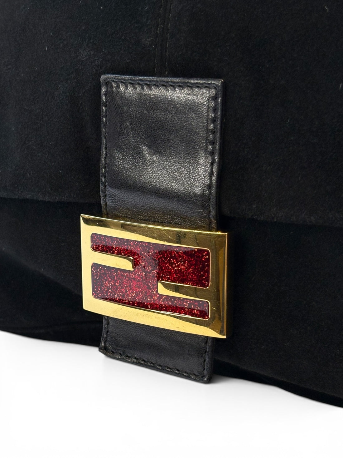 Fendi Mamma Baguette in Black Suede with Red Glitter FF