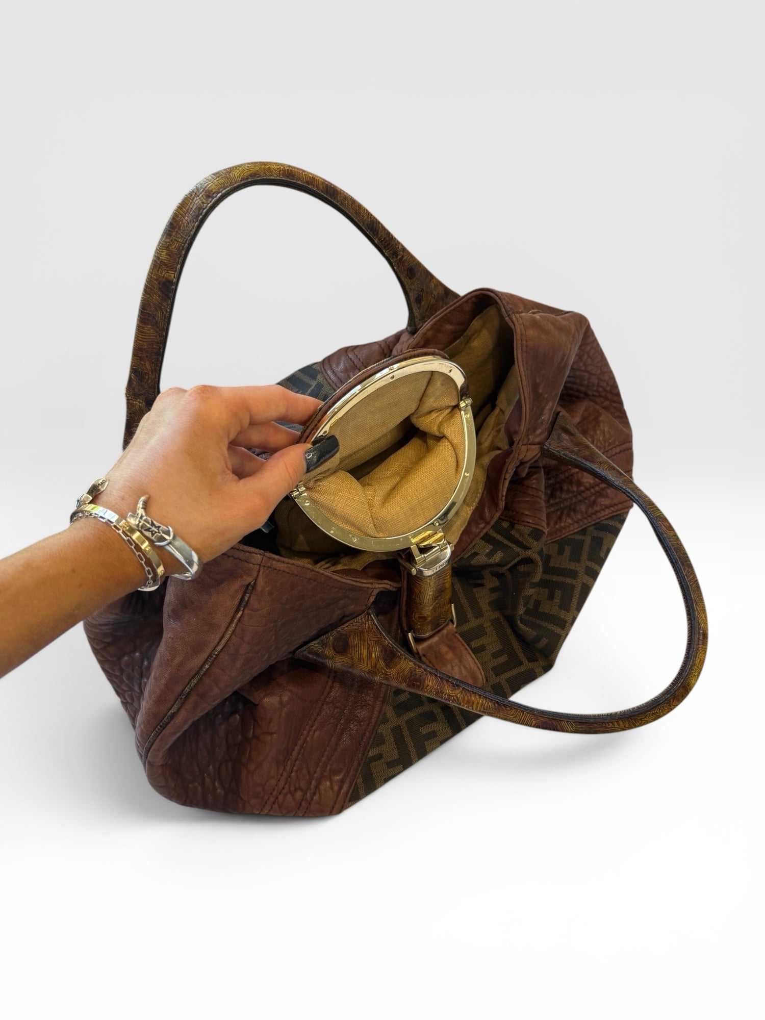 Fendi Spy Bag in Zucca Canvas and Tortuga Calf Leather