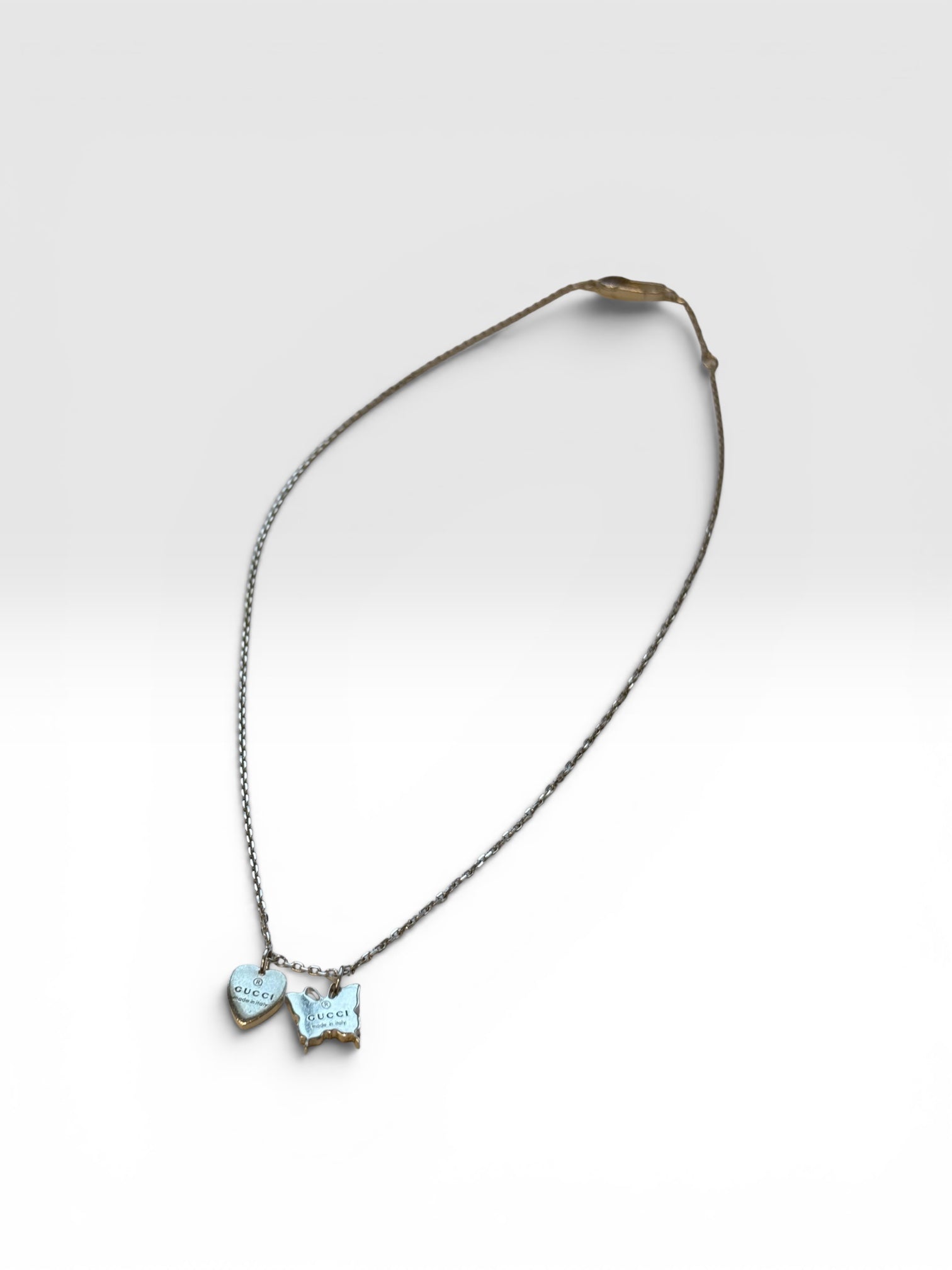 Gucci Silver Trademark Heart and Butterfly Charm Necklace