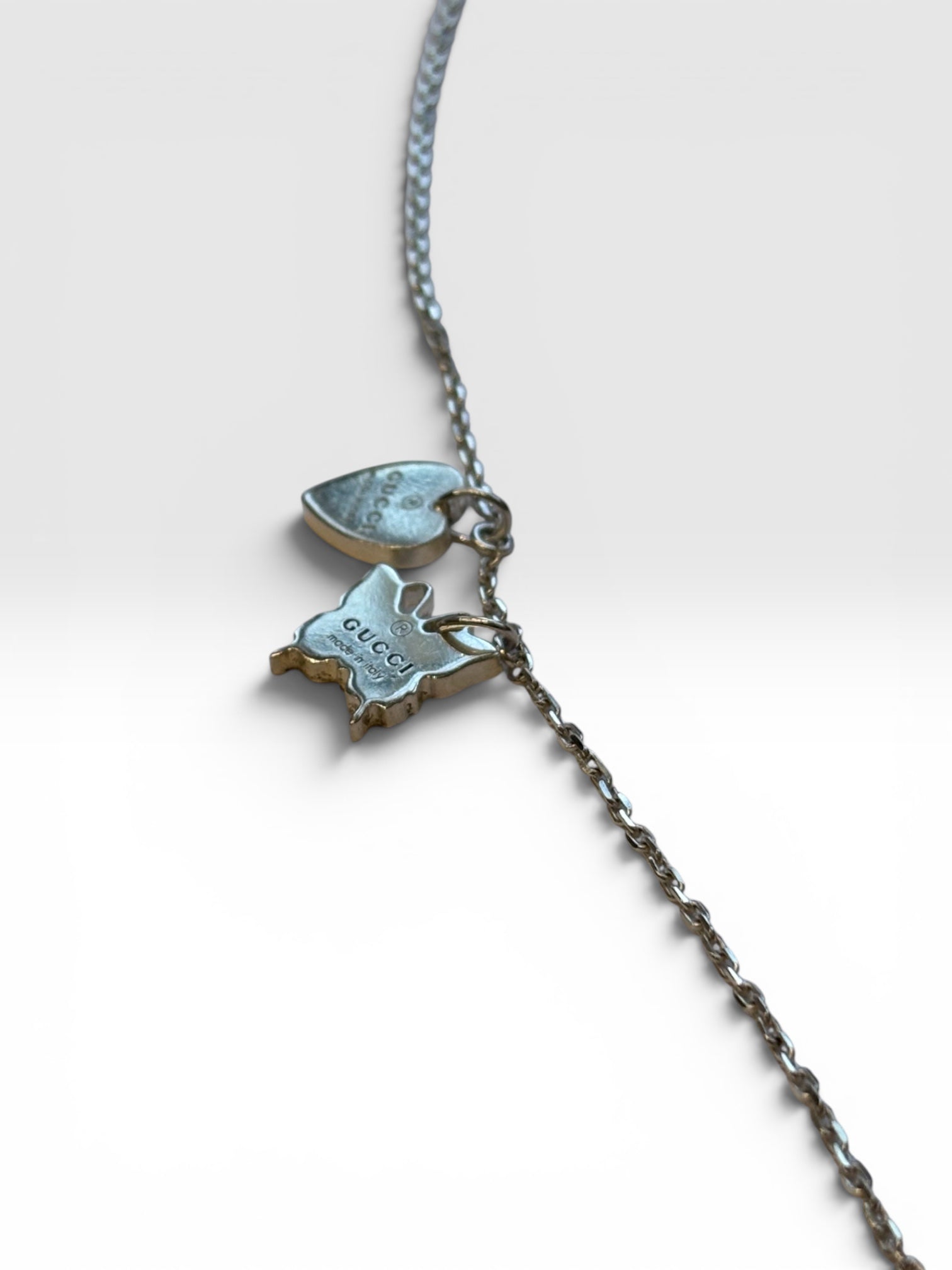 Gucci Silver Trademark Heart and Butterfly Charm Necklace