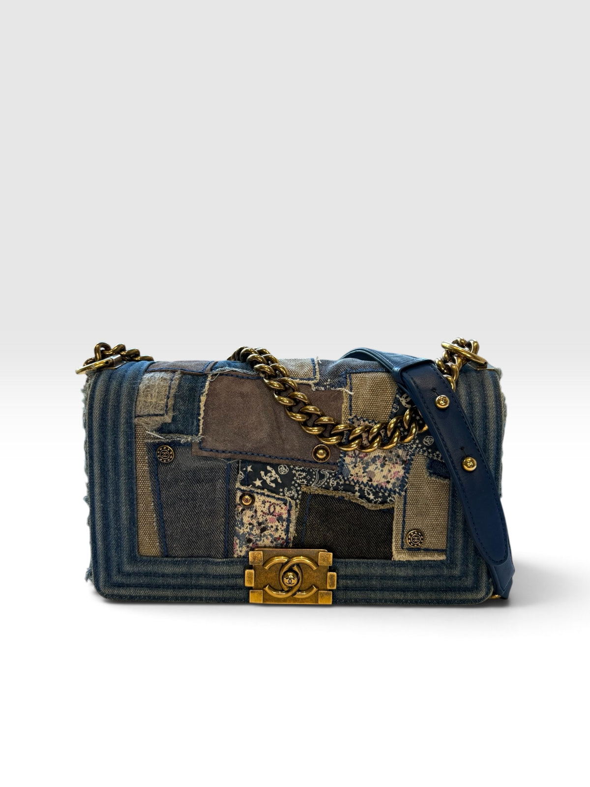 Chanel Boy Bag 25 in Denim Patchwork Chain