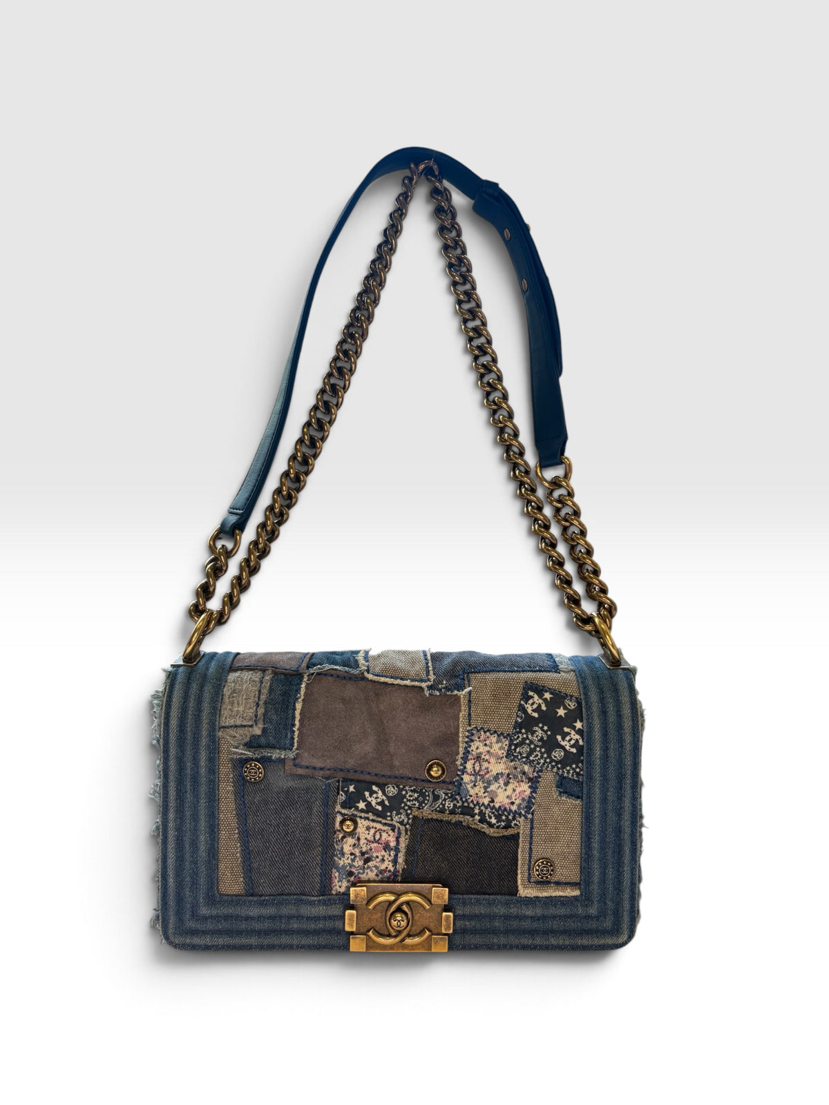 Chanel Boy Bag 25 in Denim Patchwork Chain