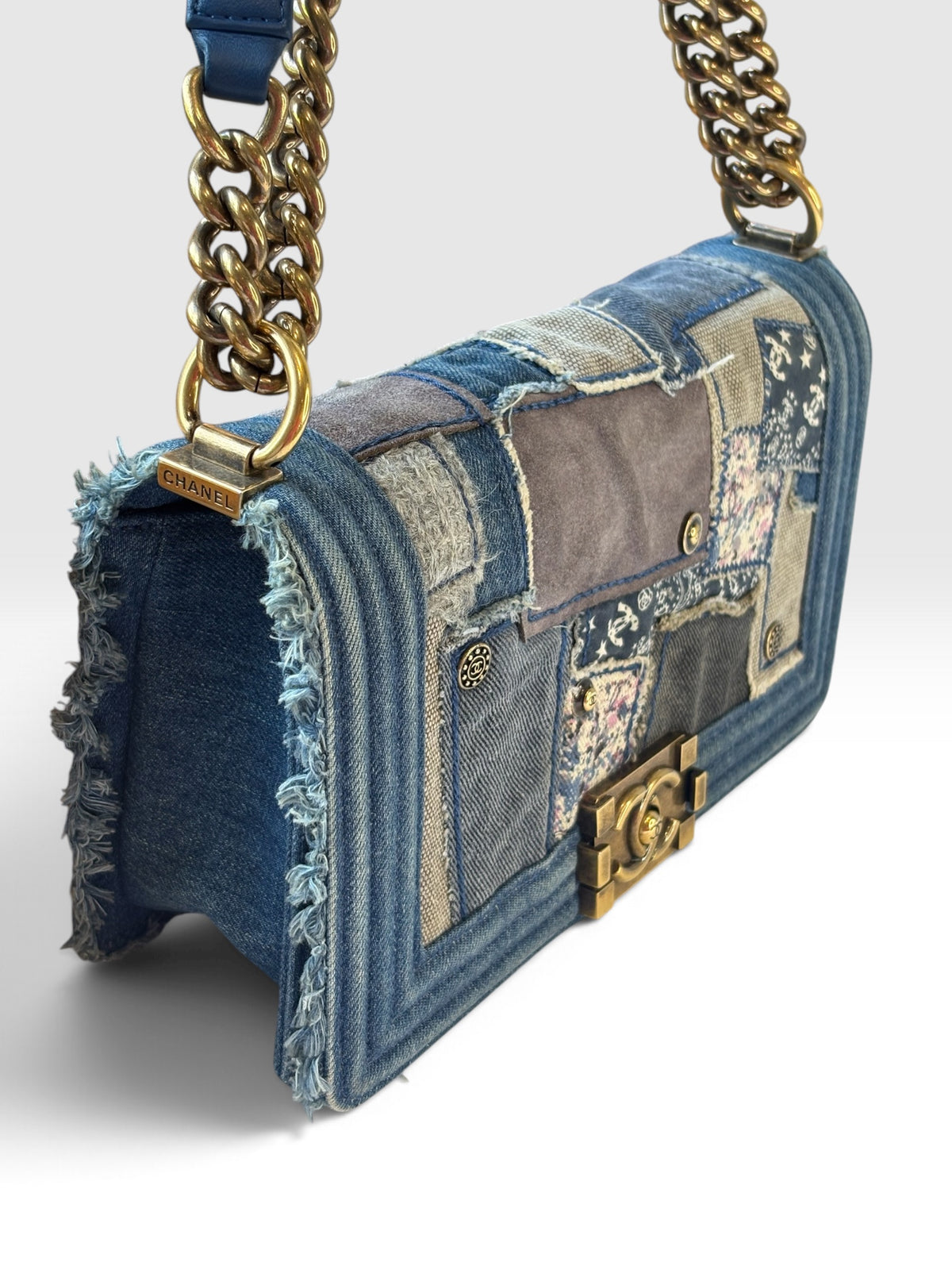Chanel Boy Bag 25 in Denim Patchwork Chain