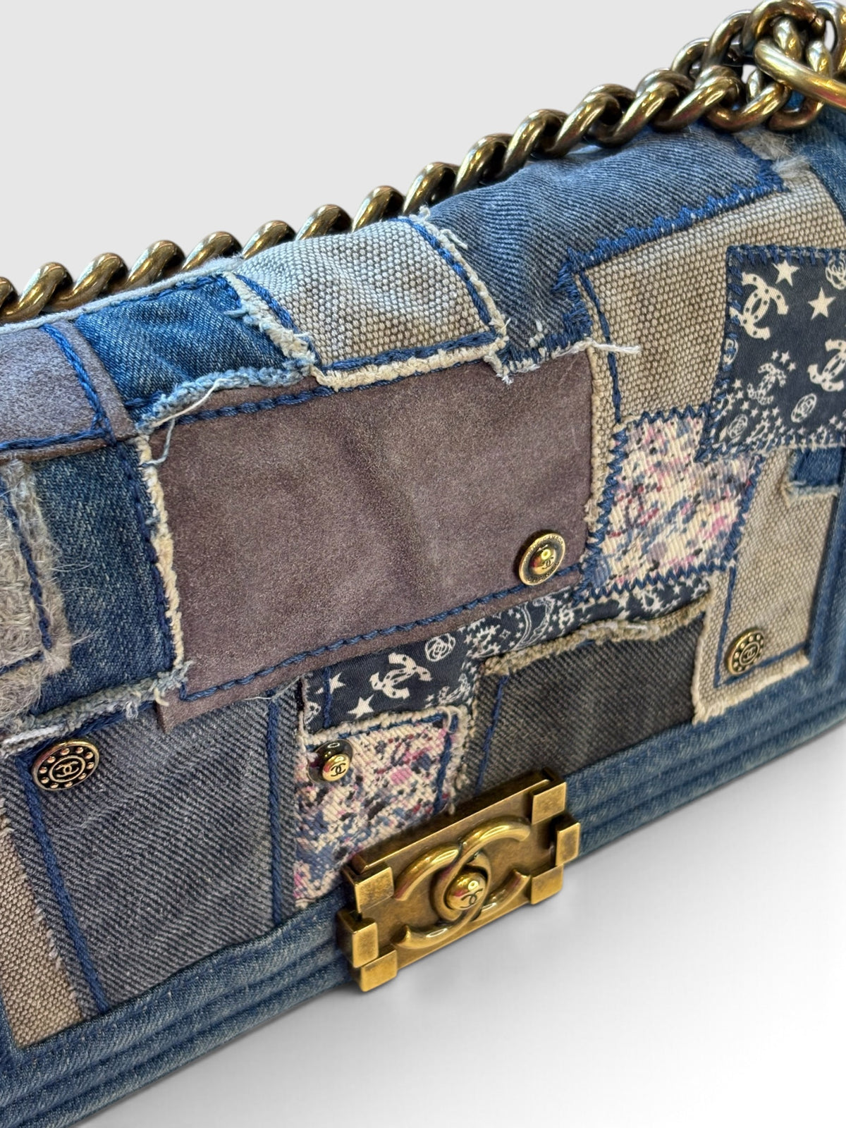 Chanel Boy Bag 25 in Denim Patchwork Chain