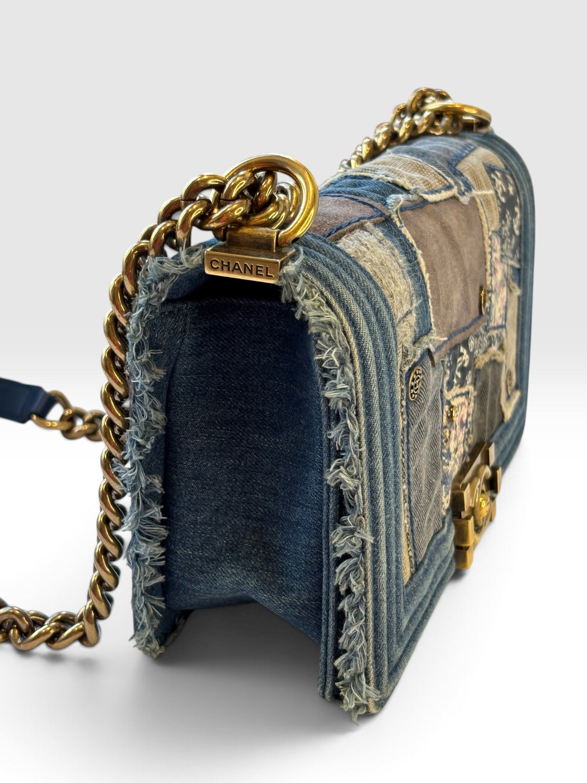 Chanel Boy Bag 25 in Denim Patchwork Chain