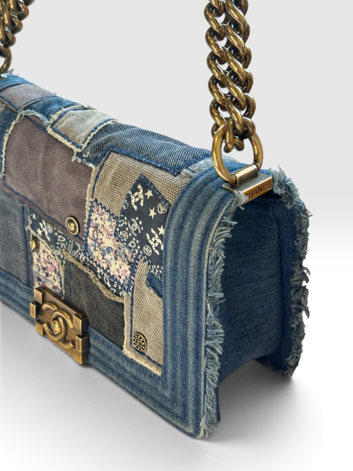 Chanel Boy Bag 25 in Denim Patchwork Chain
